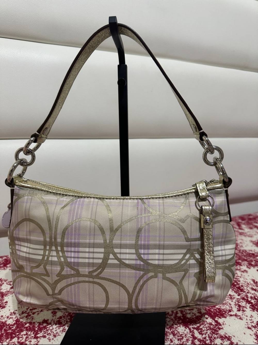 COACH Metallic Beige & Lilac Plaid Signature Shoulder Bag - Picture 4 of 16